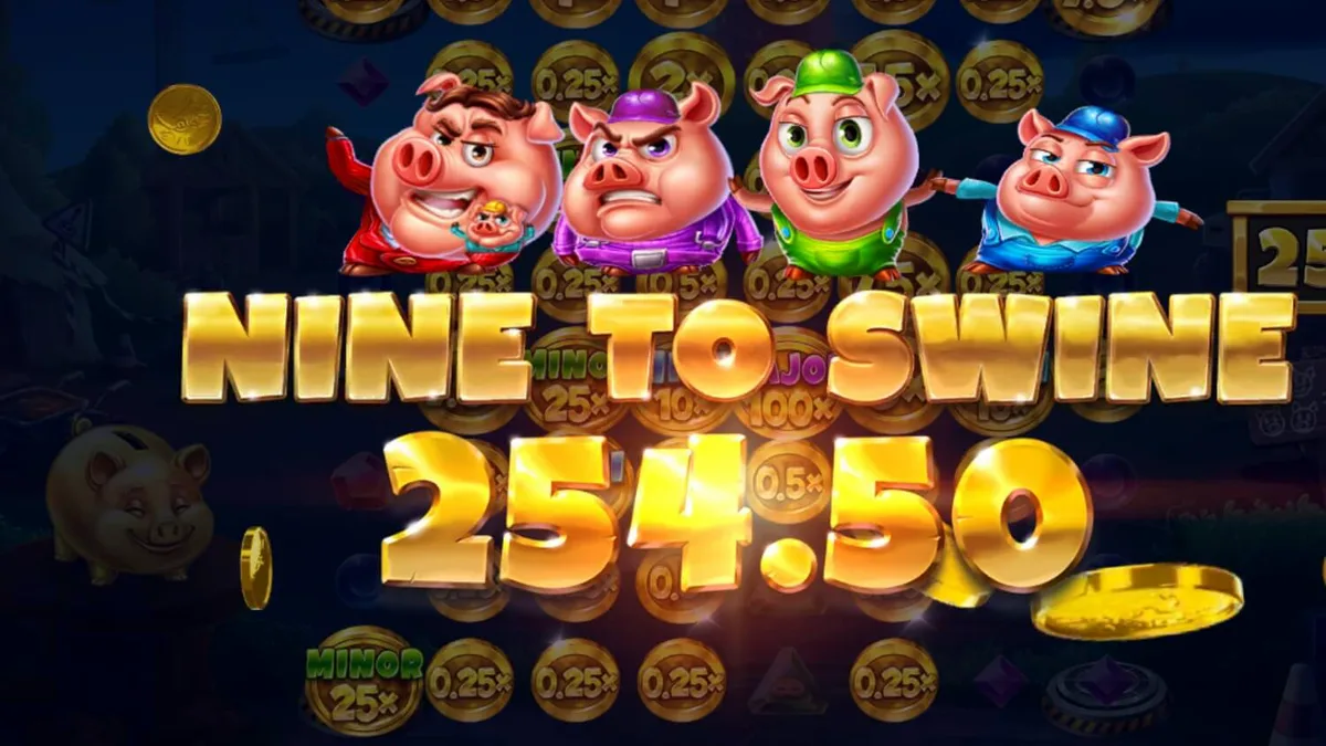 Tampilan visual slot Huff n Puff CollectR dengan tema konstruksi babi dan serigala.