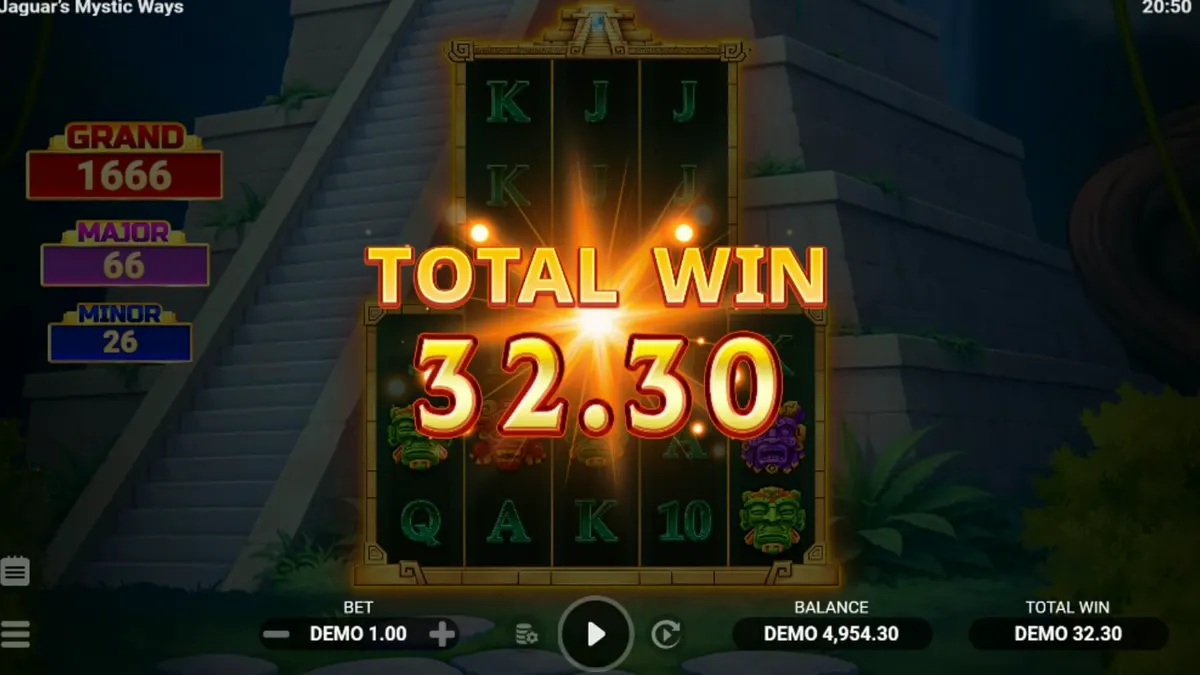 Pemandangan hutan kuno dengan kuil emas di slot Jaguar’s Mystic Ways