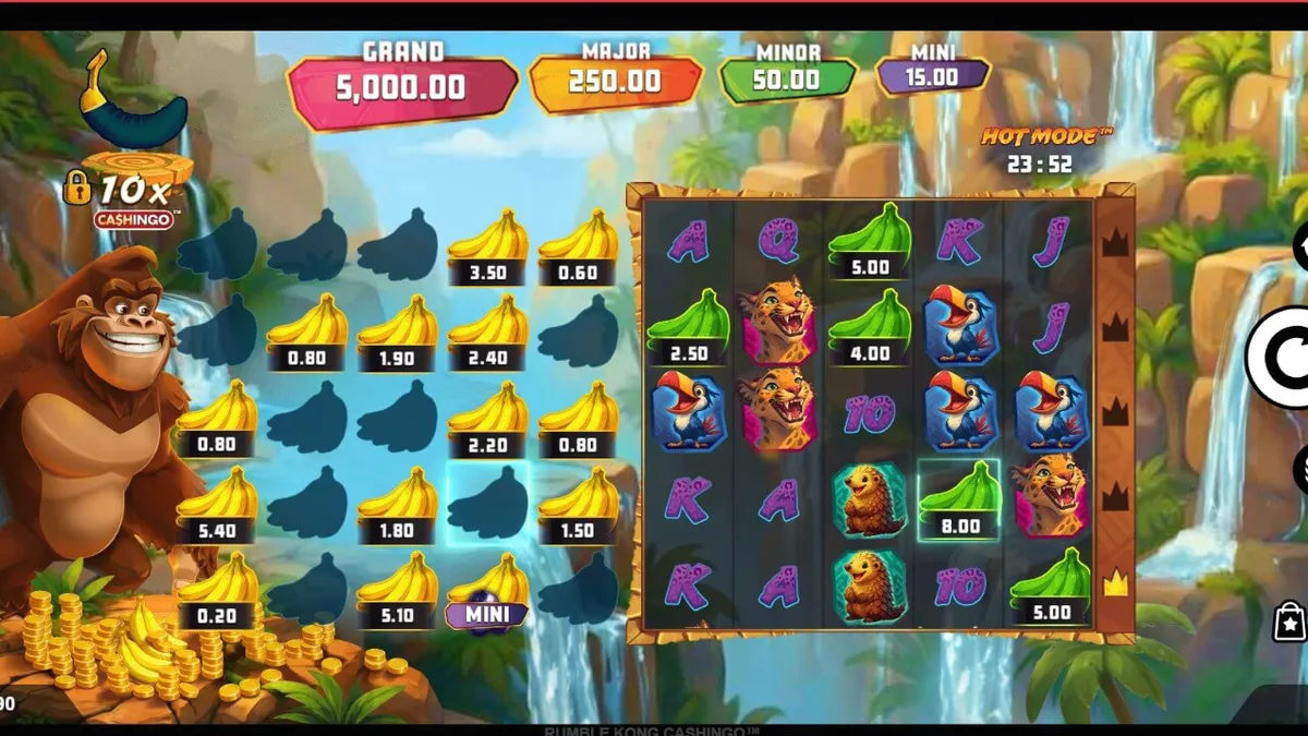 Pemandangan kota neon dengan gorila raksasa dalam slot Rumble Kong Cashingo